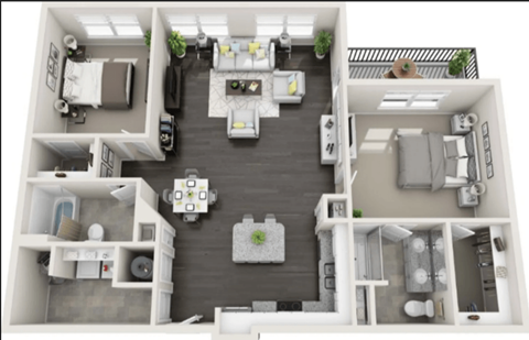 A 3D floor plan of a house with a kitchen, living room, and two bedrooms.